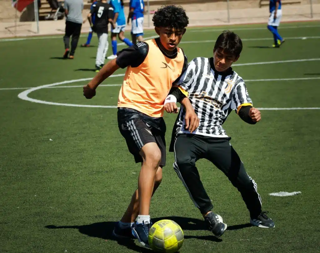 Playing soccer